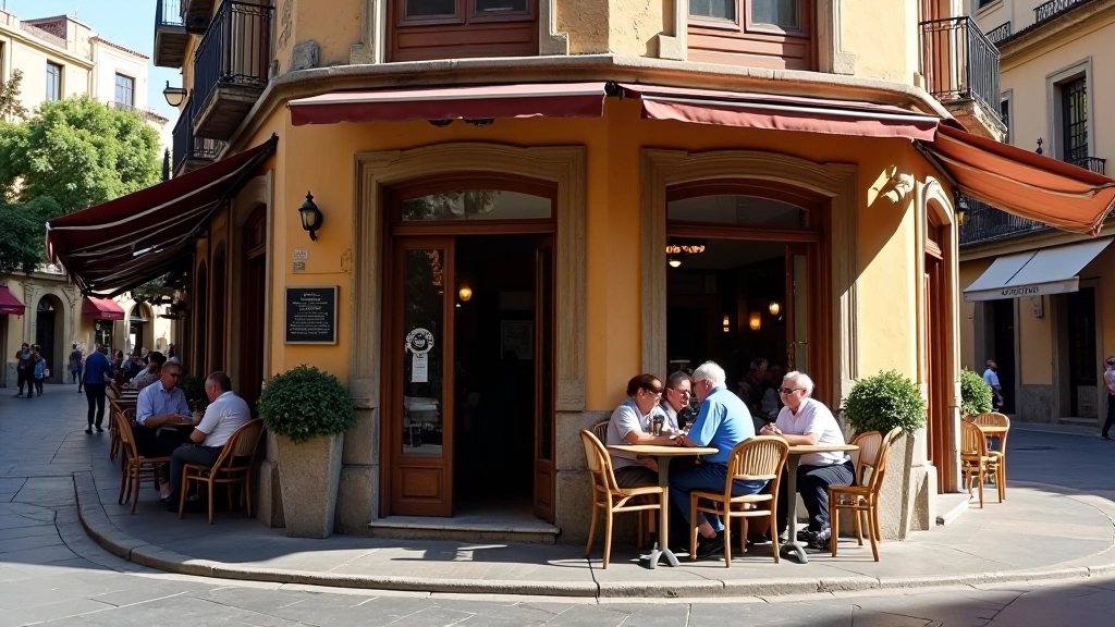 Entrada de un café histórico ubicado en la vereda de la plaza, mesitas al aire libre bajo toldos, personas conversando