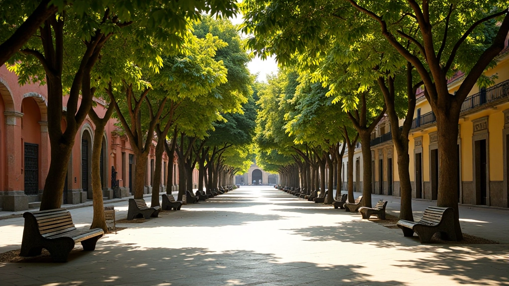 Vista panorámica de la Plaza San Martín con sus árboles frondosos y arcadas coloniales, bancos de descanso bajo la sombra